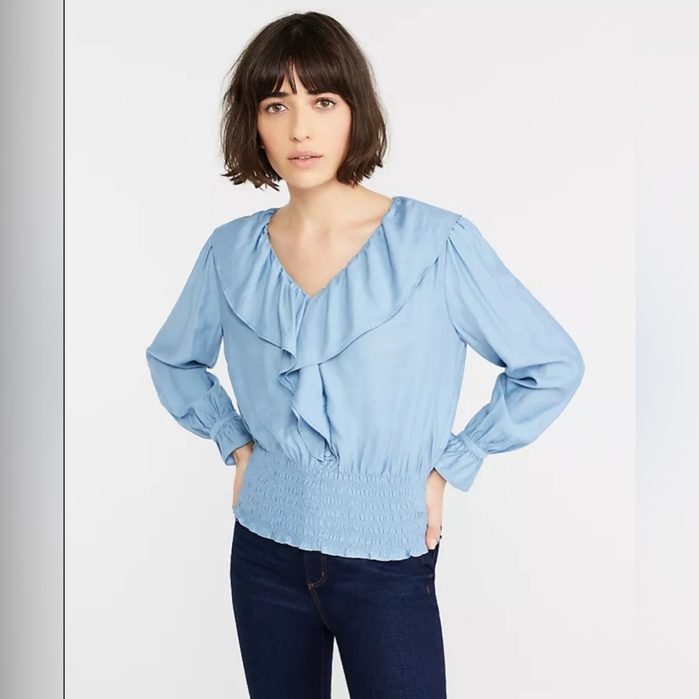 Ann Taylor Blue Ruffle Smocked Hem Top Blouse size M